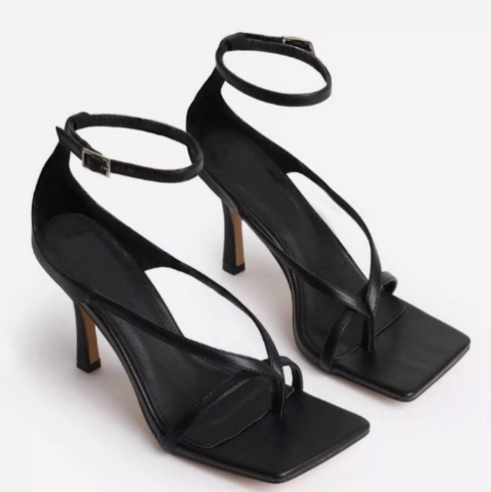 Black Square Toe Ankle Strap Heel Sandals
